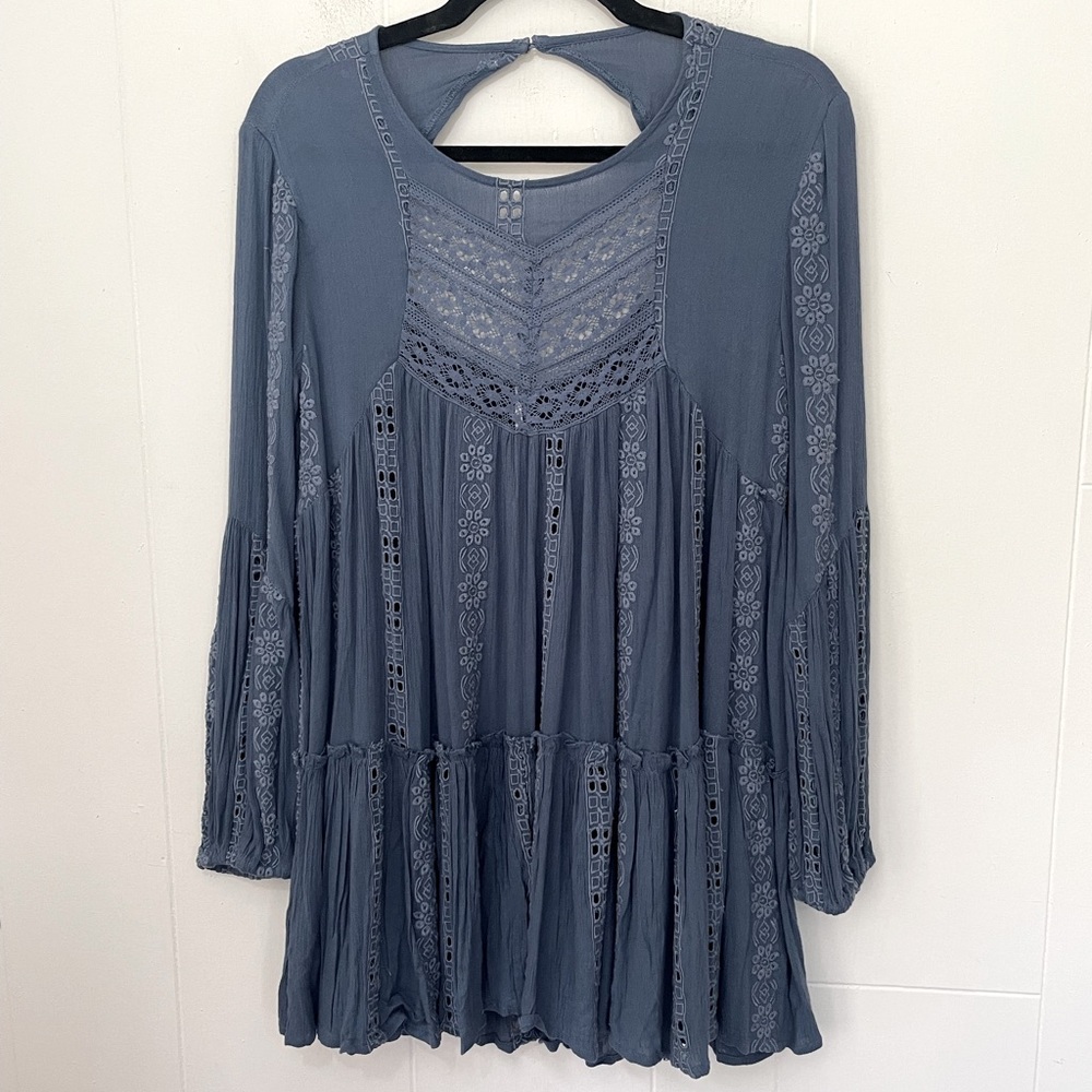 Free People Kiss Kiss Tunic Embroidered Lace Blue Long Sleeve Dress Women’s XS